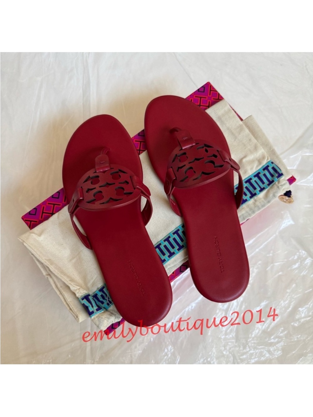NIB Tory Burch Miller Size 7.5 Tory Red Calf Leather Sandals 90582 - Picture 2 of 10